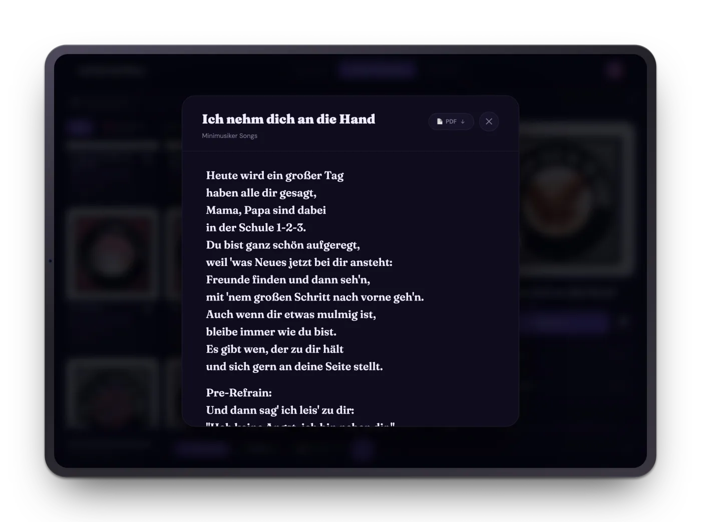 Songtext-Ansicht zum Mitsingen